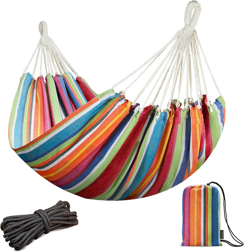JoyView Brazilian Double Hammock with Hanging Ropes Extra Large 86.6x59” Portable Cotton Hammock for Patio Backyard Porch 450LBS Weight Capacity Perfect for Outdoor/Indoor - Color Stripes - Image 1
